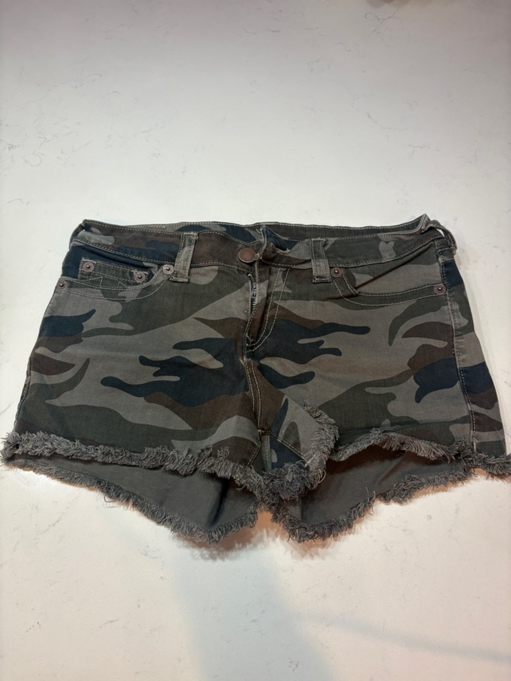 True Religion Camo Green Frayed Hem Jean Shorts